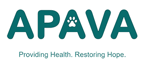 logo of APAVA featuring the text and seven symbols of animal paws below the word APAVA providing health restoring hope